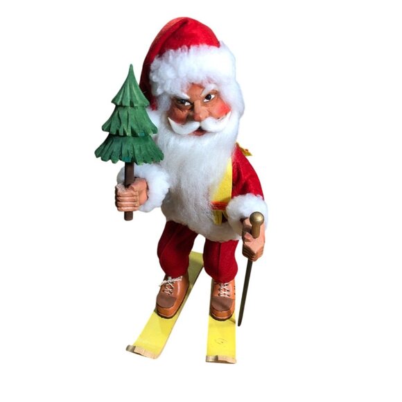 Folk Art Carved Santa Wooden Claus Skiing Poles Christmas Tree Holiday Decor VTG - Picture 1 of 15